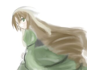 Rating: Safe Score: 0 Tags: 1girl blush brown_hair dress green_dress green_eyes image long_hair long_sleeves looking_at_viewer looking_back puffy_sleeves simple_background solo striped suiseiseki vertical_stripes very_long_hair white_background User: admin