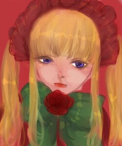 Rating: Safe Score: 0 Tags: 1girl bangs blonde_hair blue_eyes flower image long_hair looking_at_viewer red_flower red_rose rose shinku simple_background solo User: admin