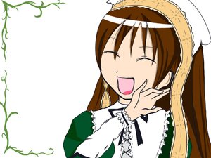 Rating: Safe Score: 0 Tags: 1girl :d ^_^ ^o^ brown_hair closed_eyes dress hairband image long_hair long_sleeves open_mouth plant smile solo suiseiseki white_background User: admin