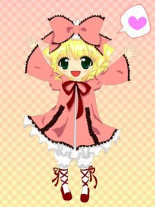 Rating: Safe Score: 0 Tags: 1girl :d blonde_hair bow dress frills full_body green_eyes heart hina_ichigo hinaichigo image long_sleeves looking_at_viewer open_mouth outstretched_arms pink_bow pink_dress plaid plaid_background short_hair smile solo spoken_heart standing User: admin