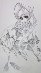 Rating: Safe Score: 0 Tags: 1girl capelet dress greyscale hat image long_hair long_sleeves looking_at_viewer looking_back monochrome shinku simple_background solo traditional_media very_long_hair User: admin