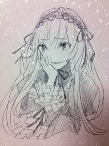 Rating: Safe Score: 0 Tags: 1girl auto_tagged bangs dress eyebrows_visible_through_hair flower greyscale hair_between_eyes hair_ribbon hairband hand_up image long_hair long_sleeves looking_at_viewer monochrome ribbon smile solo suigintou traditional_media upper_body very_long_hair User: admin