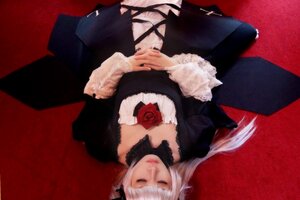 Rating: Safe Score: 0 Tags: 1girl black_dress closed_eyes dress flower gothic_lolita lips lolita_fashion long_hair long_sleeves red_background rose silver_hair solo suigintou white_hair User: admin