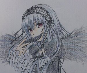 Rating: Safe Score: 0 Tags: 1girl bangs dress eyebrows_visible_through_hair frilled_sleeves frills hairband image long_hair long_sleeves looking_at_viewer pink_eyes red_eyes rose solo suigintou traditional_media wings User: admin