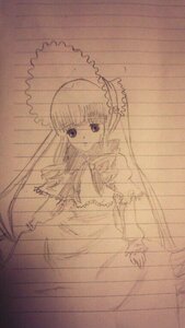 Rating: Safe Score: 0 Tags: 1girl dress frills image long_hair long_sleeves looking_at_viewer monochrome shinku simple_background sketch solo umbrella upper_body User: admin