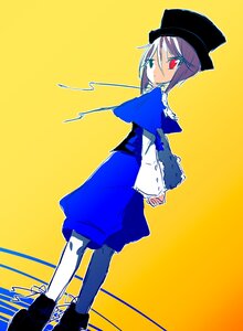 Rating: Safe Score: 0 Tags: 1girl black_headwear boots capelet closed_mouth frills full_body hat heterochromia image long_sleeves looking_at_viewer looking_back pantyhose red_eyes short_hair simple_background solo souseiseki standing white_legwear yellow_background User: admin