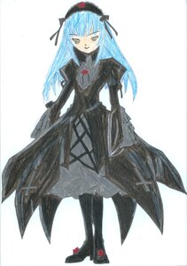 Rating: Safe Score: 0 Tags: 1girl black_dress blue_hair dress flower frills full_body hairband image long_hair long_sleeves looking_at_viewer pantyhose rose solo standing suigintou traditional_media User: admin