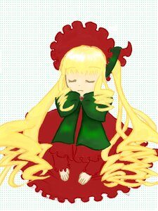 Rating: Safe Score: 0 Tags: 1girl blonde_hair bonnet bow bowtie closed_eyes dress frills full_body halftone halftone_background image long_hair long_sleeves polka_dot polka_dot_background rose shinku sitting solo twintails very_long_hair User: admin