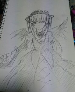 Rating: Safe Score: 0 Tags: 1girl dress feathered_wings greyscale hairband image long_hair long_sleeves looking_at_viewer monochrome sketch solo suigintou traditional_media wings User: admin