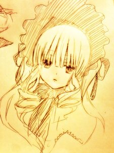 Rating: Safe Score: 0 Tags: 1girl bangs bonnet bowtie dress eyebrows_visible_through_hair frills image long_hair long_sleeves looking_at_viewer monochrome ribbon shinku simple_background solo traditional_media upper_body yellow_theme User: admin