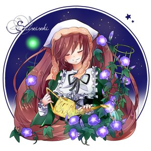 Rating: Safe Score: 0 Tags: 1girl brown_hair closed_eyes dress flower head_scarf image long_hair long_sleeves ribbon smile solo star_(symbol) suiseiseki upper_body very_long_hair watering_can User: admin