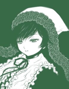 Rating: Safe Score: 0 Tags: 1girl choker dress frills green_background green_theme image looking_at_viewer monochrome short_hair simple_background solo suiseiseki User: admin