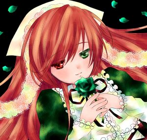 Rating: Safe Score: 0 Tags: 1girl dress flower frills green_dress green_eyes heterochromia holding holding_flower image long_hair long_sleeves looking_at_viewer red_eyes red_hair ribbon rose smile solo suiseiseki upper_body User: admin