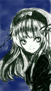 Rating: Safe Score: 0 Tags: 1girl bangs closed_mouth dress hairband image lolita_hairband long_hair looking_at_viewer monochrome outdoors ribbon sky smile solo suigintou upper_body User: admin