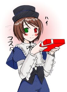 Rating: Safe Score: 0 Tags: 1girl blue_dress blush box brown_hair frills gift green_eyes hat heterochromia holding holding_gift image long_sleeves looking_at_viewer red_eyes ribbon short_hair smile solo souseiseki top_hat User: admin