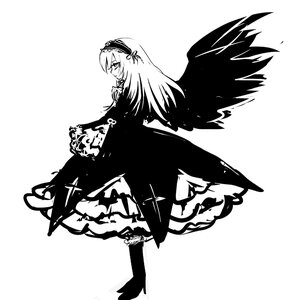 Rating: Safe Score: 0 Tags: 1girl black_wings dress feathered_wings frills full_body greyscale hairband image lolita_hairband long_hair long_sleeves looking_at_viewer monochrome rose simple_background solo standing suigintou very_long_hair white_background wings User: admin