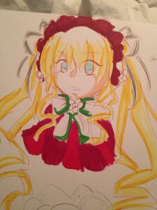 Rating: Safe Score: 0 Tags: 1girl auto_tagged blonde_hair bonnet bow bowtie dress drill_hair expressionless flower green_bow image long_hair long_sleeves marker_(medium) photo red_dress shinku simple_background solo traditional_media twin_drills upper_body User: admin