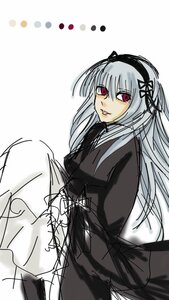 Rating: Safe Score: 0 Tags: 1girl bangs black_dress dress eyebrows_visible_through_hair hairband image juliet_sleeves long_hair long_sleeves looking_at_viewer red_eyes simple_background sketch smile solo suigintou white_background User: admin