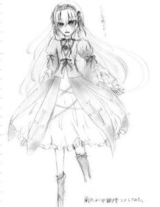 Rating: Safe Score: 0 Tags: 1girl dress frills full_body greyscale hairband image long_hair long_sleeves looking_at_viewer monochrome sketch solo standing suigintou very_long_hair User: admin