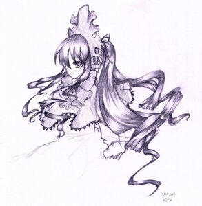 Rating: Safe Score: 0 Tags: 1girl artist_name bow capelet dated dress frills graphite_(medium) image long_hair long_sleeves looking_at_viewer monochrome shinku signature solo striped traditional_media vertical_stripes User: admin