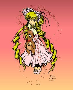 Rating: Safe Score: 0 Tags: 1girl blonde_hair blue_eyes bonnet dress flower full_body image long_hair long_sleeves looking_at_viewer petals pink_dress red_background ribbon shinku solo standing very_long_hair User: admin