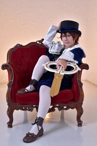 Rating: Safe Score: 0 Tags: 1girl armchair brown_eyes brown_hair chair couch hat long_sleeves multiple_cosplay shoes sitting solo tagme top_hat white_legwear User: admin