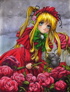 Rating: Safe Score: 0 Tags: 1girl blonde_hair blue_eyes bonnet dress flower green_bow image long_hair long_sleeves looking_at_viewer marker_(medium) pink_flower pink_rose purple_rose red_capelet red_dress red_flower red_rose rose shinku sidelocks solo thorns traditional_media twintails watercolor_(medium) User: admin