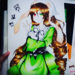 Rating: Safe Score: 0 Tags: 1girl auto_tagged brown_hair dress drill_hair frills green_dress green_eyes head_scarf heterochromia image long_hair long_sleeves looking_at_viewer marker_(medium) red_eyes ringlets solo suiseiseki traditional_media twin_drills very_long_hair User: admin