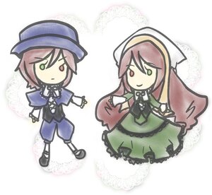 Rating: Safe Score: 0 Tags: 1girl blush_stickers brown_hair chibi dress frills green_eyes hat heterochromia image long_hair long_sleeves multiple_views pair smile souseiseki suiseiseki User: admin