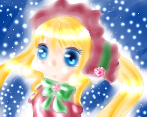 Rating: Safe Score: 0 Tags: 1girl blonde_hair blue_eyes blush bow bowtie breath dress image long_hair long_sleeves looking_at_viewer shinku snow snowing solo twintails winter User: admin