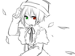 Rating: Safe Score: 0 Tags: 1girl bangs capelet closed_mouth dress eyebrows_visible_through_hair green_eyes hair_between_eyes hand_up hat heterochromia image long_sleeves looking_at_viewer monochrome petals red_eyes ribbon solo souseiseki spot_color striped upper_body white_background User: admin