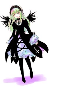 Rating: Safe Score: 0 Tags: 1girl black_dress black_wings blush dress frills full_body green_eyes hairband image long_hair long_sleeves looking_at_viewer pantyhose simple_background solo standing suigintou white_background wings User: admin