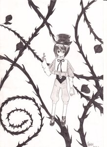 Rating: Safe Score: 0 Tags: 1girl bow branch greyscale hat image long_sleeves monochrome shoes short_hair sitting solo souseiseki striped top_hat tree User: admin