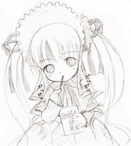 Rating: Safe Score: 0 Tags: 1girl blush dress holding image long_hair long_sleeves looking_at_viewer monochrome mouth_hold shinku simple_background solo traditional_media upper_body very_long_hair User: admin