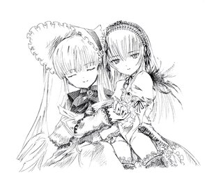 Rating: Safe Score: 0 Tags: 2girls bangs closed_eyes dress frills greyscale hairband holding_hands image interlocked_fingers lace long_hair long_sleeves looking_at_viewer monochrome multiple_girls pair shinku simple_background sisters smile suigintou white_background User: admin