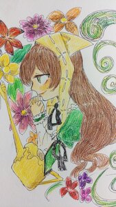 Rating: Safe Score: 0 Tags: 1girl apron brown_hair dress flower from_side green_dress green_eyes hood image juliet_sleeves long_hair long_sleeves profile solo suiseiseki traditional_media very_long_hair watercolor_(medium) User: admin