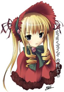 Rating: Safe Score: 0 Tags: 1girl blonde_hair blue_eyes blush bonnet bow bowtie capelet drill_hair grey_eyes image kantoku long_hair looking_at_viewer open_mouth photoshop_(medium) rozen_maiden shinku sidelocks signature simple_background solo translated twin_drills twintails white_background User: admin
