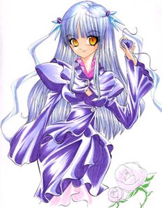 Rating: Safe Score: 0 Tags: 1girl barasuishou dress flower frills hair_ornament image juliet_sleeves long_hair long_sleeves looking_at_viewer puffy_sleeves purple_dress ribbon rose solo traditional_media very_long_hair white_background yellow_eyes User: admin