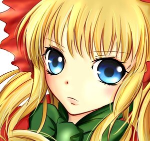 Rating: Safe Score: 0 Tags: 1girl blonde_hair blue_eyes blush bow close-up face hair_bow image long_hair looking_at_viewer portrait red_bow ribbon shinku sidelocks simple_background solo white_background User: admin