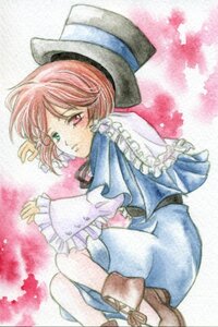 Rating: Safe Score: 0 Tags: 1girl boots brown_footwear capelet frills full_body hat hat_removed headwear_removed heterochromia image long_sleeves looking_at_viewer red_eyes short_hair solo souseiseki top_hat traditional_media User: admin