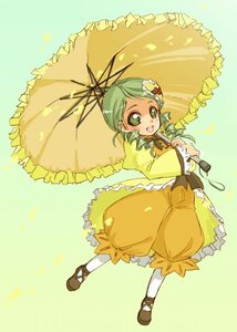 Rating: Safe Score: 0 Tags: 1girl blush frills full_body green_eyes green_hair holding_umbrella image kanaria long_sleeves looking_at_viewer open_mouth pantyhose parasol short_hair smile solo umbrella white_legwear User: admin