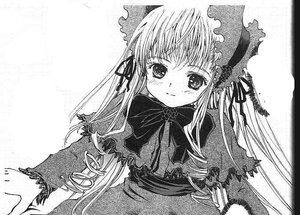 Rating: Safe Score: 0 Tags: 1girl blush bow bowtie dress frills greyscale image long_hair long_sleeves looking_at_viewer monochrome ribbon shinku simple_background smile solo upper_body white_background User: admin