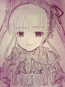 Rating: Safe Score: 0 Tags: 1girl bowtie frills image long_hair long_sleeves looking_at_viewer monochrome rose shinku simple_background smile solo suigintou traditional_media upper_body User: admin