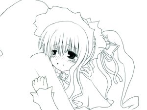 Rating: Safe Score: 0 Tags: 1girl blush image looking_at_viewer monochrome on_stomach pout ribbon shinku simple_background solo striped vertical_stripes User: admin