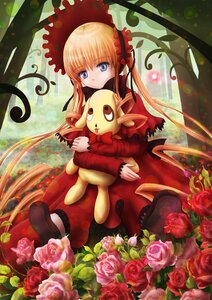 Rating: Safe Score: 0 Tags: 1girl blonde_hair blue_eyes dress flower image long_hair pink_flower pink_rose red_flower red_rose rose shinku solo stuffed_animal thorns User: admin