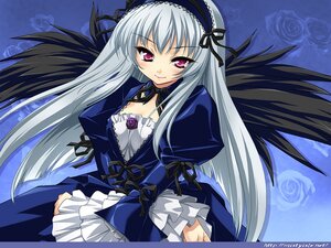 Rating: Safe Score: 3 Tags: 1girl black_wings blue_background blue_rose detached_collar dress flower frills gothic hairband image long_hair long_sleeves looking_at_viewer pink_eyes red_eyes rose rozen_maiden silver_hair smile solo sorimura_youji suigintou wings User: admin