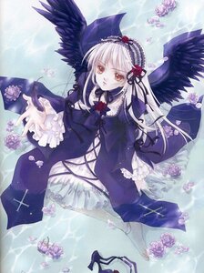 Rating: Safe Score: 0 Tags: 1girl barefoot black_wings dress feathers flower frills hairband image long_hair purple_rose ribbon rose silver_hair solo suigintou water wings User: admin