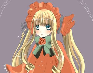 Rating: Safe Score: 0 Tags: 1girl blonde_hair blue_eyes blush bonnet bow bowtie dress flower green_bow grey_background image long_hair long_sleeves looking_at_viewer rose shinku sidelocks simple_background smile solo twintails upper_body very_long_hair User: admin