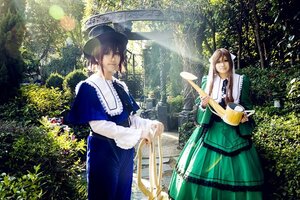 Rating: Safe Score: 0 Tags: 1boy 1girl black_hair blonde_hair blue_dress dress flower fountain instrument long_sleeves multiple_cosplay outdoors plant standing tagme tree User: admin