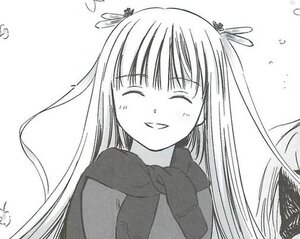 Rating: Safe Score: 0 Tags: 1girl barasuishou blush closed_eyes greyscale hair_ornament image long_hair monochrome signature simple_background smile solo upper_body white_background User: admin